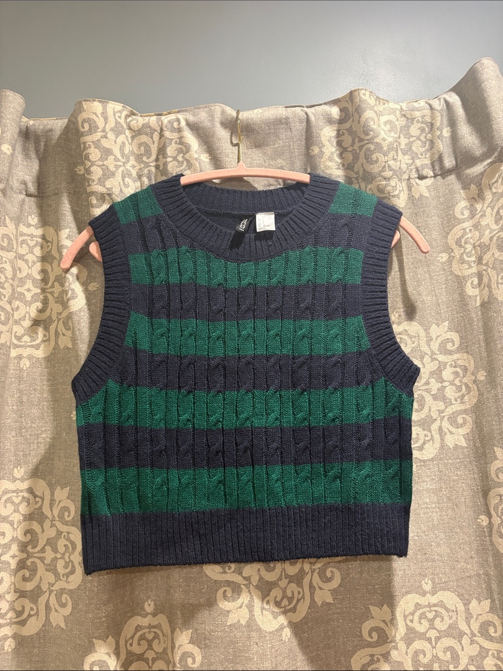 H&M Navy & Green Striped Cable-Knit Sleeveless Sweater Vest